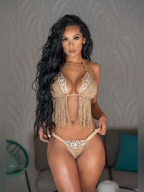 Bikini Crush Swimwear Beige/Nude Crochet Fringe Bikini Set with crystals size M